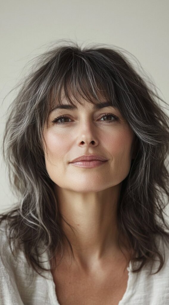 23 Chic Brown Hair with Silver Highlights Ideas 20 shaggy bob with silver accents