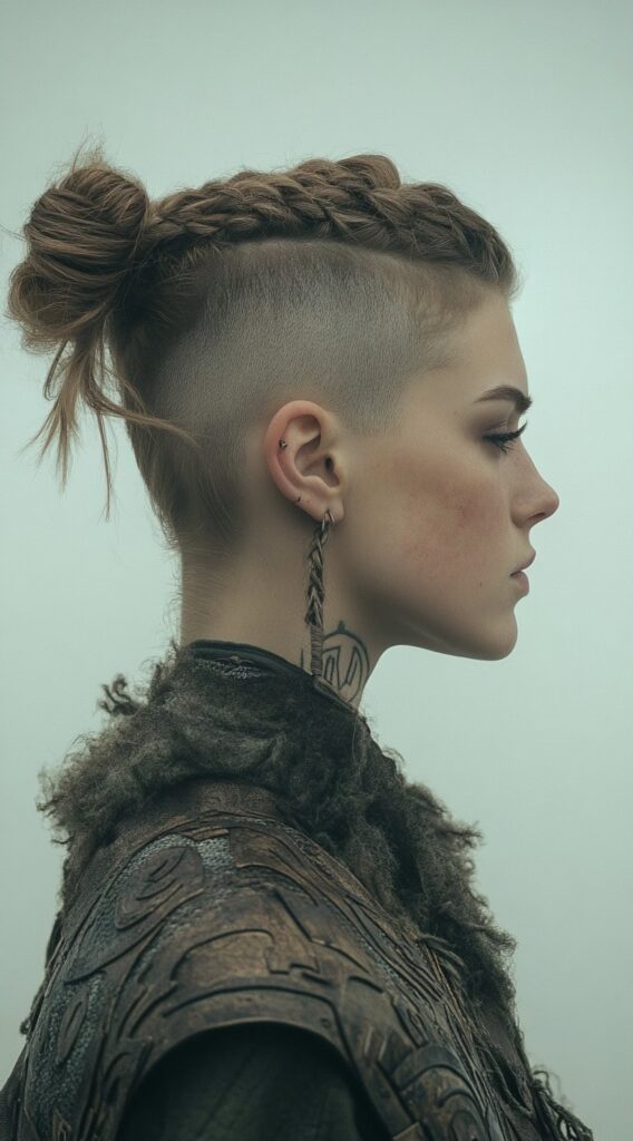 19 Viking Hairstyles for Women with Short Hair 9 shaved sides with braided high bun