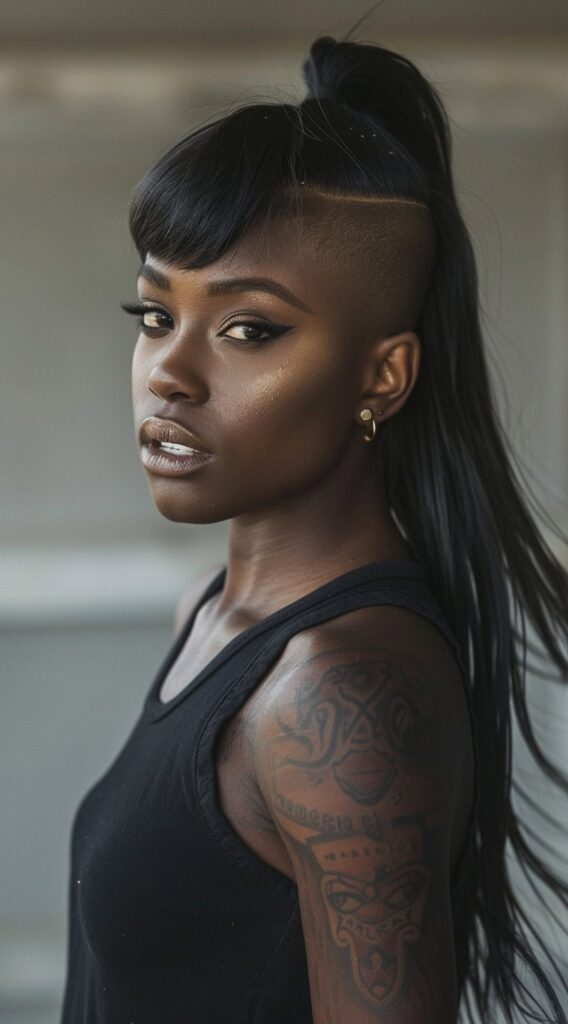 27 Weave Ponytail Hairstyles with Bangs: Chic and Modern Looks for Every Occasion 16 shaved sides with side swept microbangs and a high ponytail