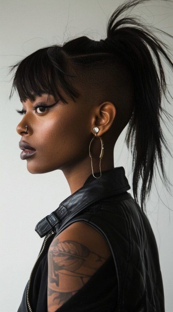 27 Weave Ponytail Hairstyles with Bangs: Chic and Modern Looks for Every Occasion 17 shaved sides with wispy bangs and a short high ponytail