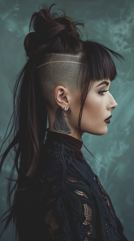 Undercut with Long Hair for Women: 23 Edgy and Elegant Hairstyle Ideas 10 shaved undercut with top knot and bangs