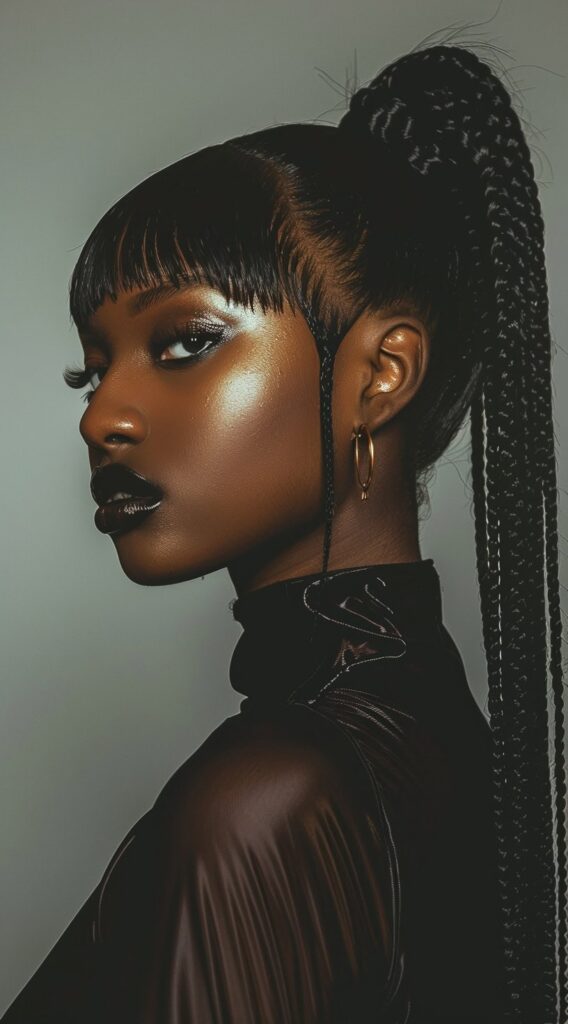 27 Weave Ponytail Hairstyles with Bangs: Chic and Modern Looks for Every Occasion 18 short blunt bangs with ponytail braids and braided framing tendrils