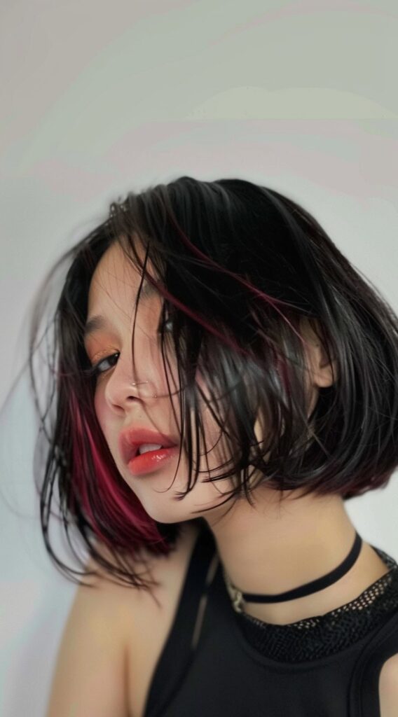 17 Peekaboo Highlights for Dark Hair Ideas 8 short bob with pink peekaboo highlights
