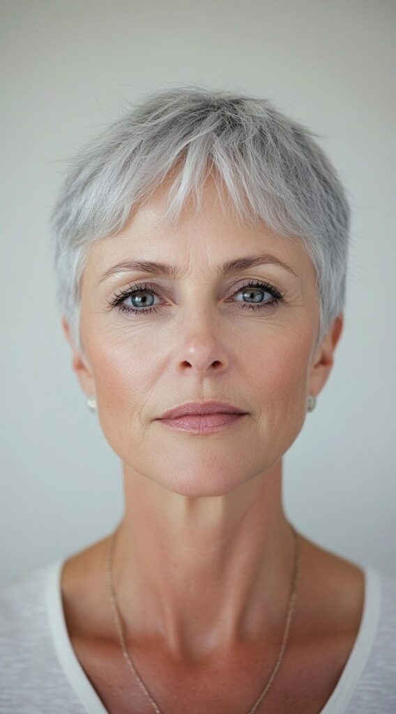 24 Chic Short Hairstyles for Women Over 50 with Gray Hair 6 short feathered pixie