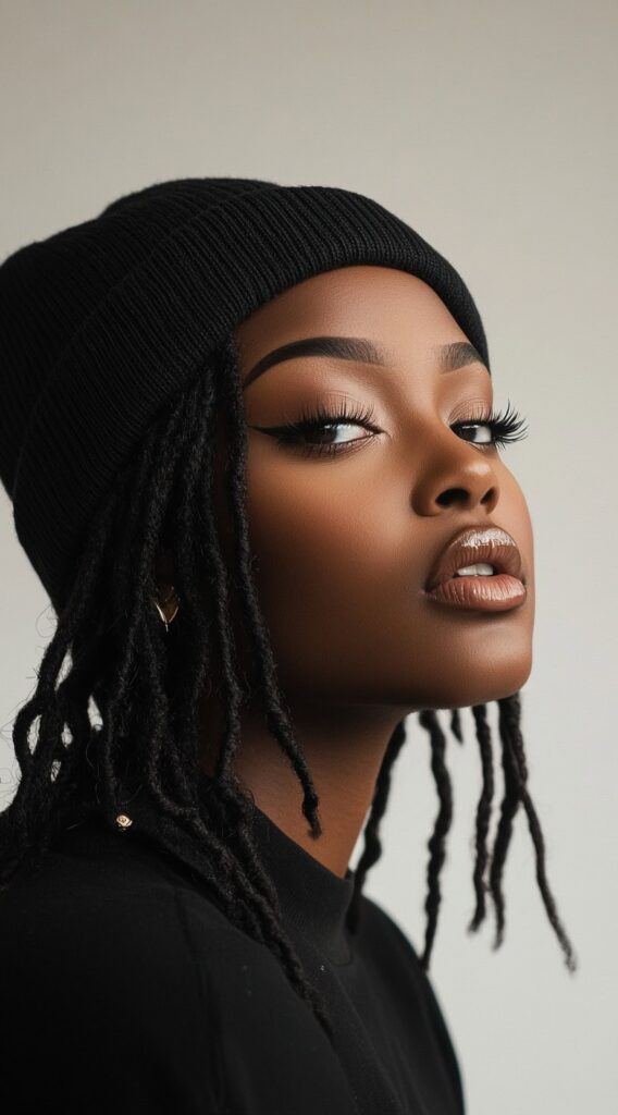 Mastering Beanie Hairstyles: 25 Simple and Stylish Ideas for Effortless Hair Days 12 short locs with a beanie