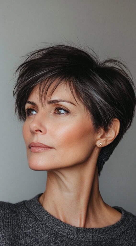 23 Chic Brown Hair with Silver Highlights Ideas 13 short pixie with dark brown and silver tones