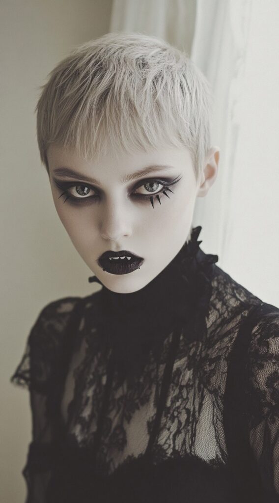 36+ Vampire Hairstyles for Women 27 short platinum blonde pixie with dramatic makeup