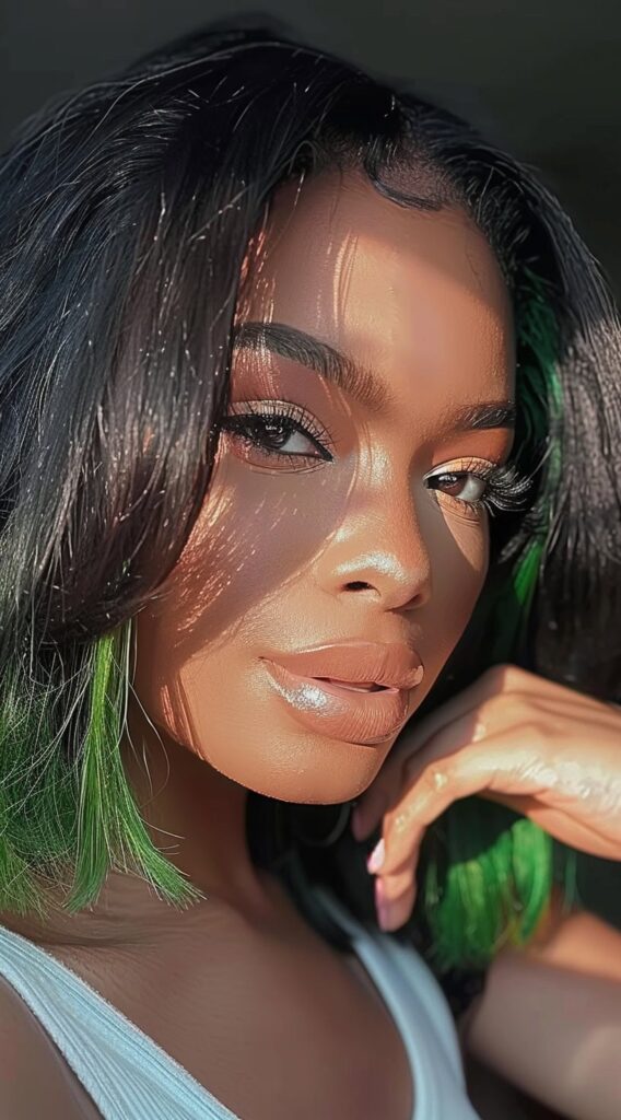 Peekaboo Highlights for Black Women: Transform Your Look with These 20 Stunning Ideas 16 shoulder length hair with green peekaboo highlights