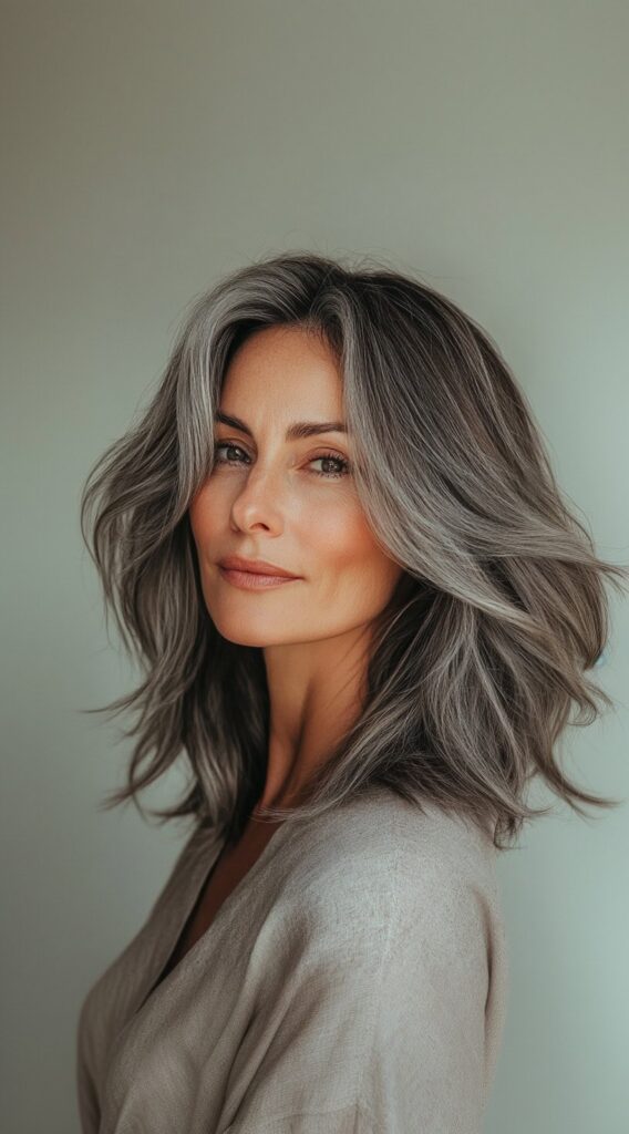 23 Chic Brown Hair with Silver Highlights Ideas 22 shoulder length silver waves with dark roots