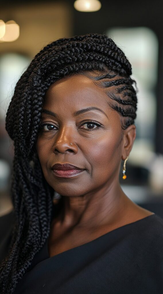 26 Older Black Women Hairstyles for Over 50 23 side swept feed in braids