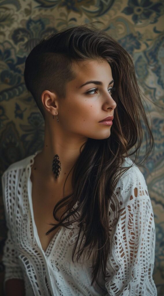 Undercut with Long Hair for Women: 23 Edgy and Elegant Hairstyle Ideas 11 side swept long hair with undercut