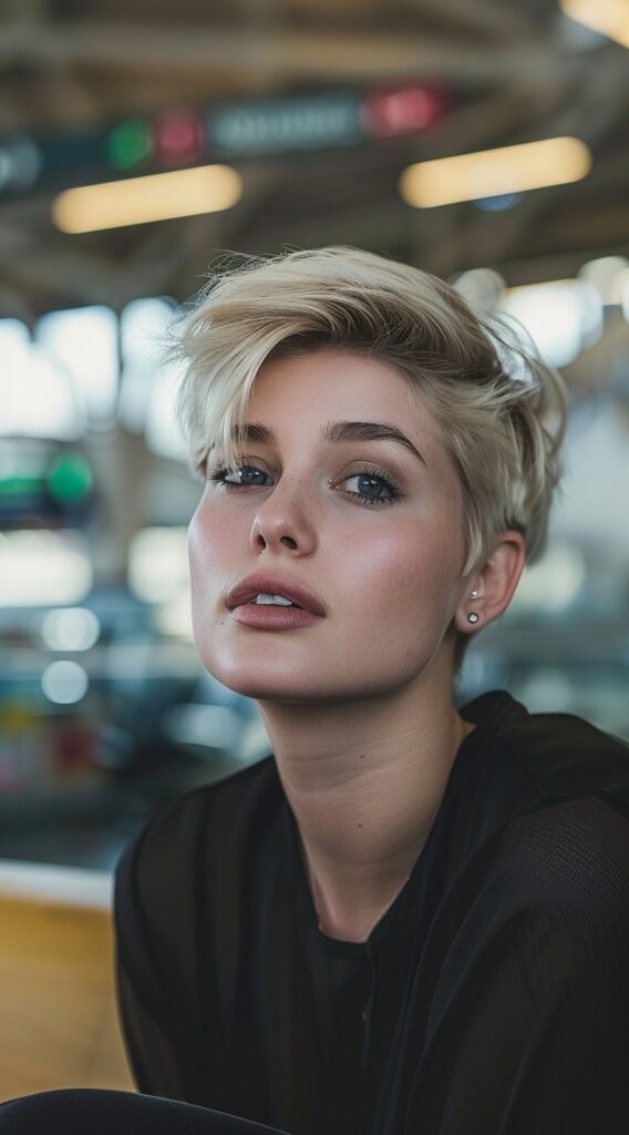 29 Airport Hairstyles for Short Hair: Trendy and Easy Ideas for Travel 17 side swept platinum pixie