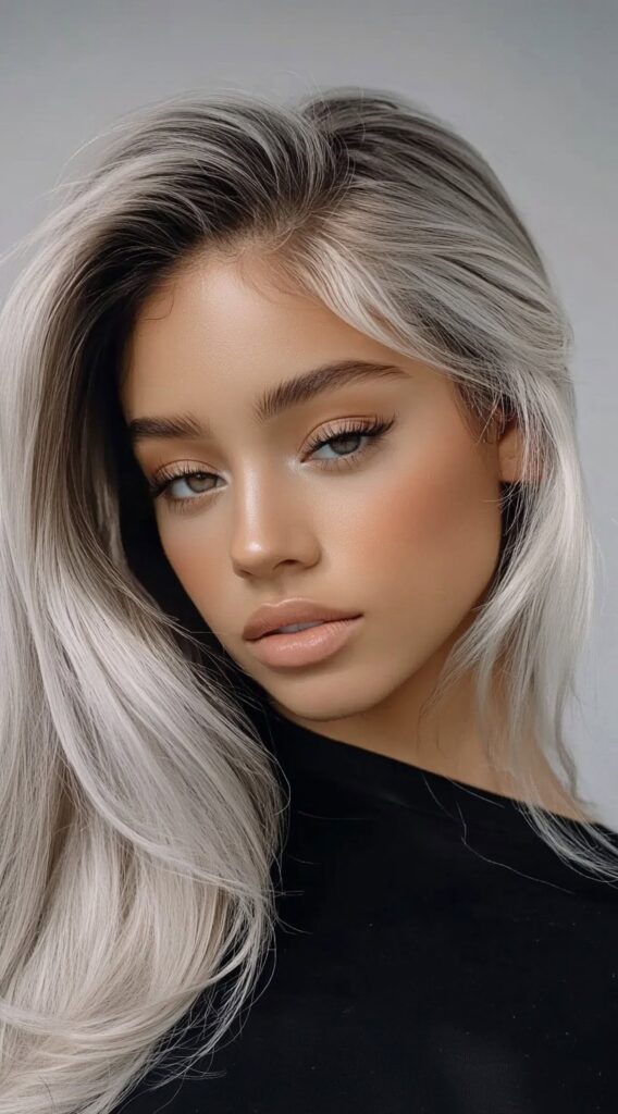 23 Straight Hairstyles for Black Women 4 silver ash straight hair with side part
