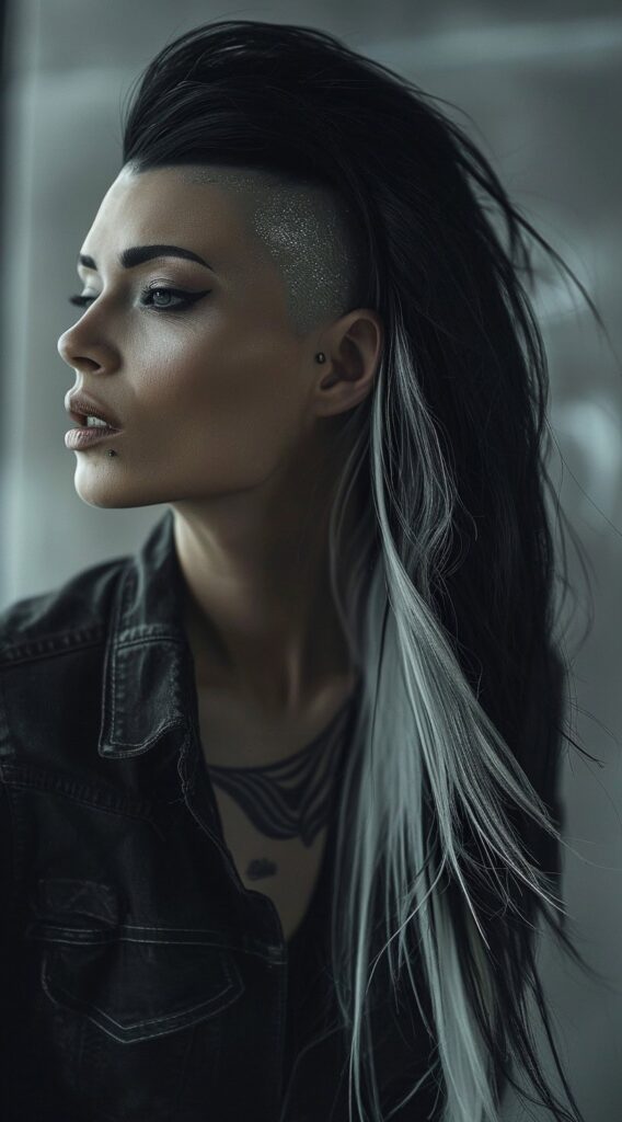 Undercut with Long Hair for Women: 23 Edgy and Elegant Hairstyle Ideas 12 silver colored undercut with silver streaks on black long hair
