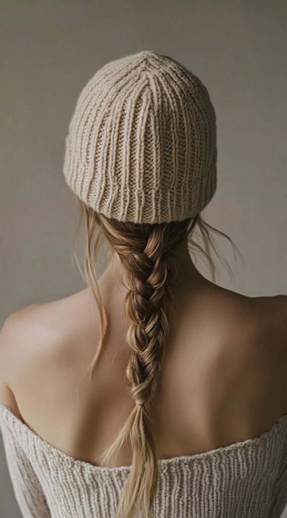 Mastering Beanie Hairstyles: 25 Simple and Stylish Ideas for Effortless Hair Days 22 single braid with a beanie
