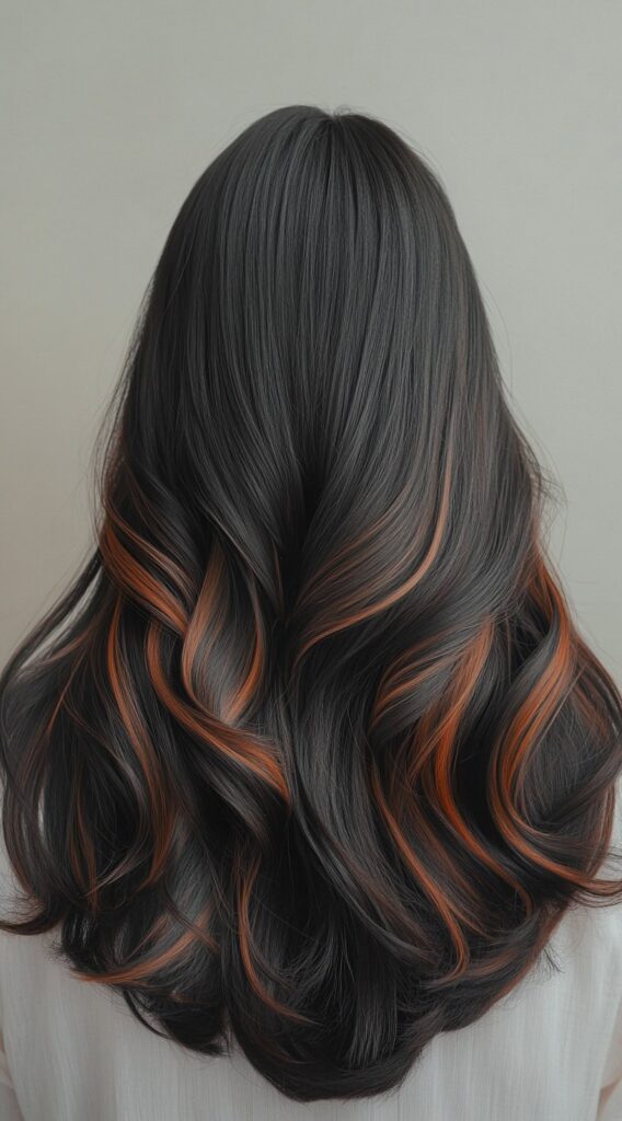 27 Inspiring Black Hair with Brown Highlights Ideas 2 sleek black hair with caramel brown balayage