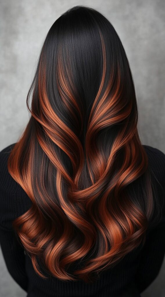 27 Inspiring Black Hair with Brown Highlights Ideas 16 sleek black hair with fiery copper balayage
