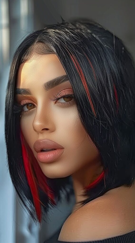 Peekaboo Highlights for Black Women: Transform Your Look with These 20 Stunning Ideas 7 sleek bob with red peekaboo highlights