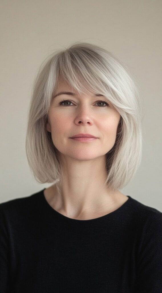 27 Chic Bob Hairstyles with Bangs: Fresh Ideas for a Modern and Flattering Look 21 sleek bob with side part bangs