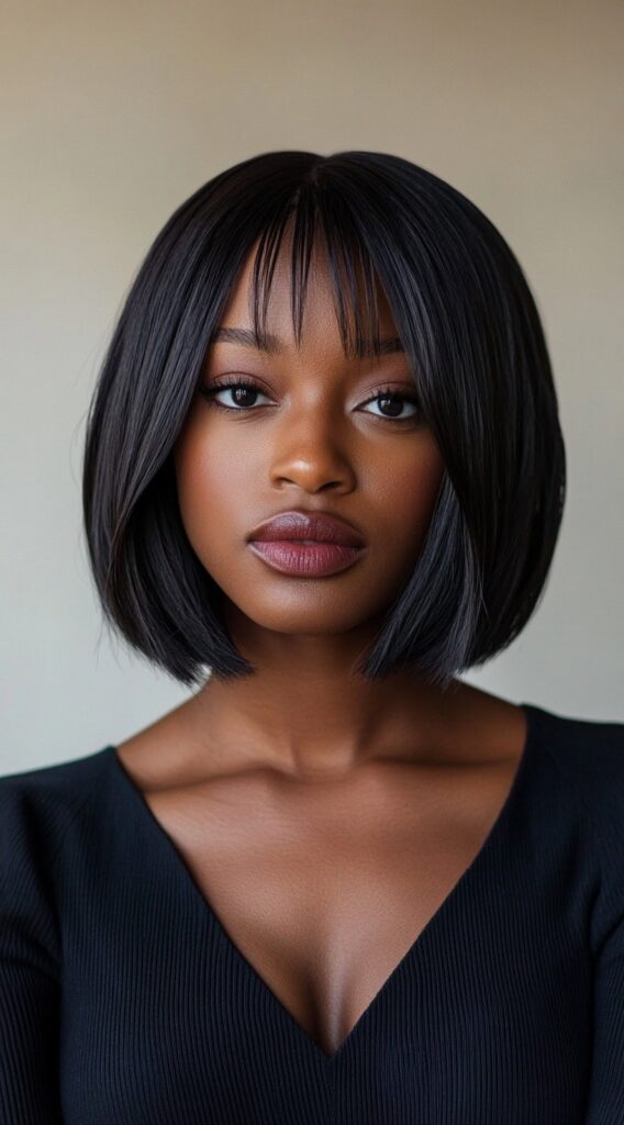 27 Chic Bob Hairstyles with Bangs: Fresh Ideas for a Modern and Flattering Look 20 sleek bob with thin bangs