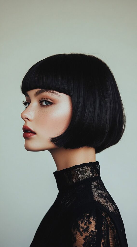 23 New Year’s Hairstyles for Short Hair 2 sleek classic bob with blunt bangs