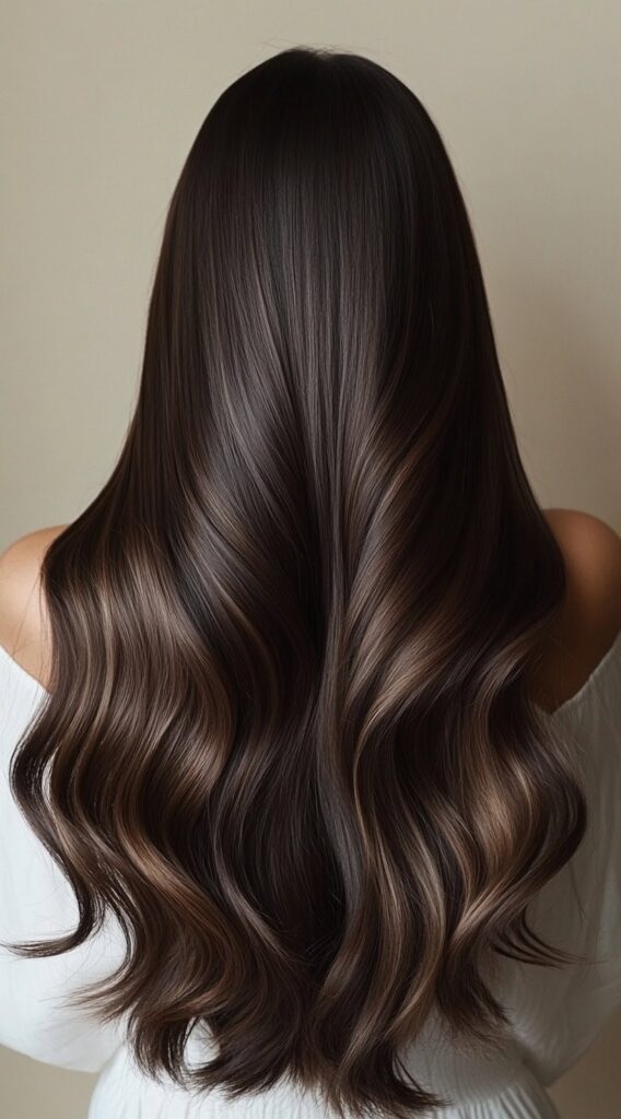 17 Dark Caramel Balayage Ideas: Transform Your Look with Stunning Hair Color Combinations 11 sleek dark caramel balayage on long hair