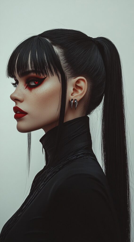 36+ Vampire Hairstyles for Women 15 sleek high ponytail with blunt bangs and framing tendrils