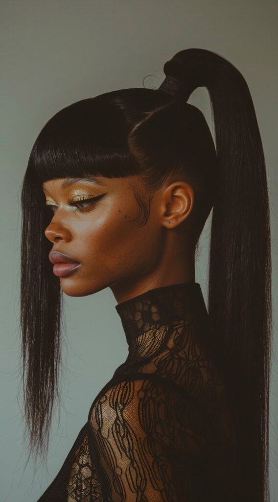 27 Weave Ponytail Hairstyles with Bangs: Chic and Modern Looks for Every Occasion 19 sleek high ponytail with blunt bangs and thick framing tendrils on one side