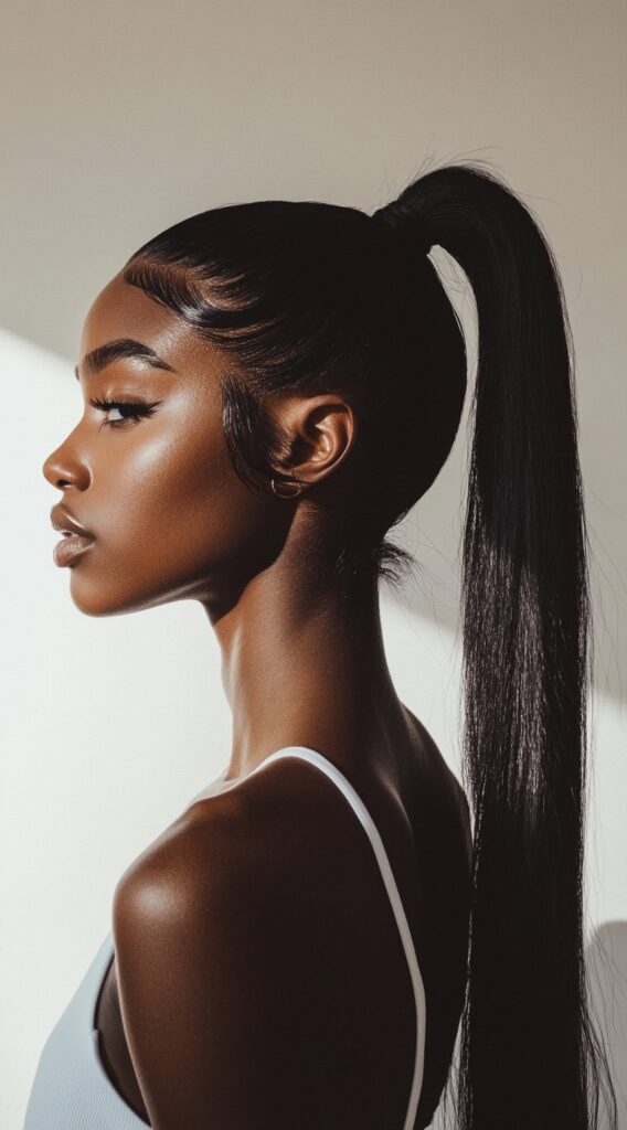 23 Straight Hairstyles for Black Women 7 sleek high ponytail with sculpted baby hairs
