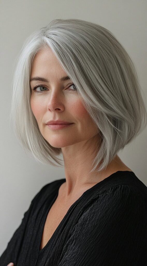 24 Chic Short Hairstyles for Women Over 50 with Gray Hair 8 sleek long bob
