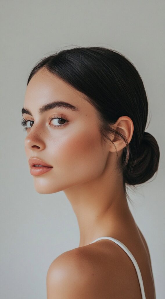 24 Gorgeous Straight Hairstyles 14 sleek low bun with middle part