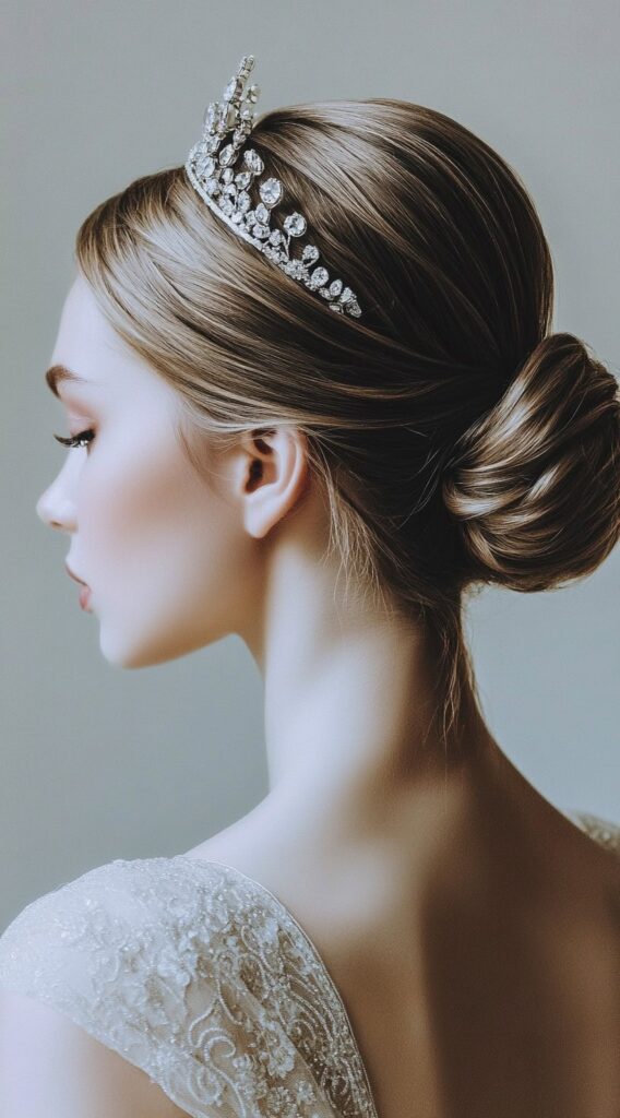 25 Dreamy Princess Hairstyles: Gorgeous Ideas for Your Next Big Event 6 sleek low bun with rhinestone tiara
