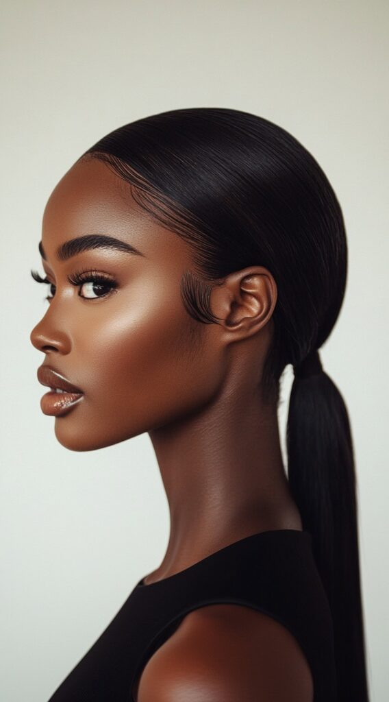 23 Straight Hairstyles for Black Women 16 sleek low ponytail with sculpted baby hairs
