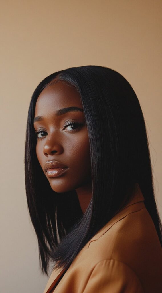 23 Straight Hairstyles for Black Women 1 sleek middle parted straight bob