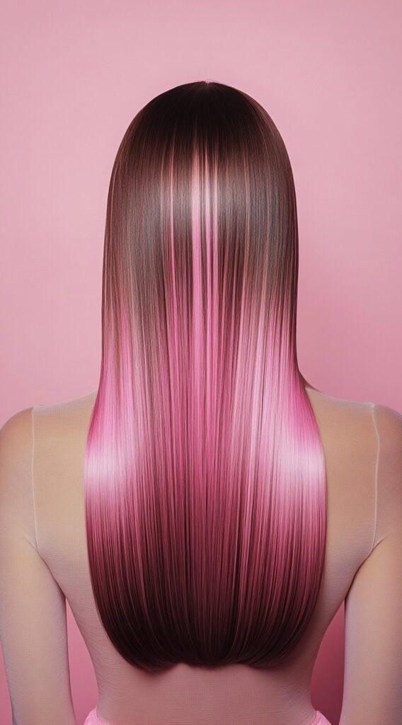 21 Pretty Pink Highlights in Brown Hair 16 sleek pink ombre on straight hair