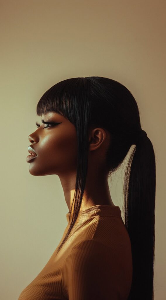 23 Straight Hairstyles for Black Women 13 sleek ponytail with straight bangs