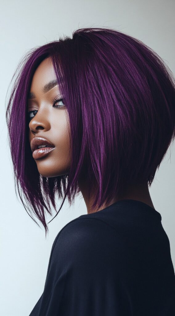 27 Flattering Hair Color Ideas for Brown Skin 16 sleek purple asymmetrical bob