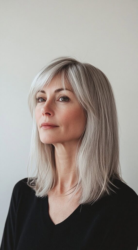 19 Flawless Fine Hair with Bangs Hairstyles 4 sleek shouler length hair with side swept bangs