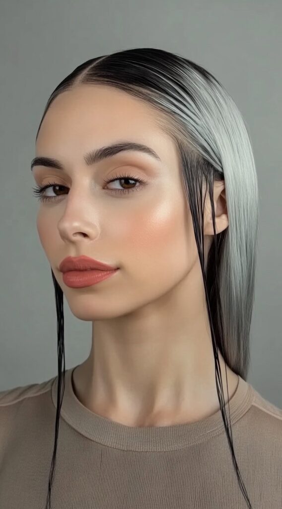 24 Gorgeous Straight Hairstyles 16 sleek silver wet look with face framing pieces