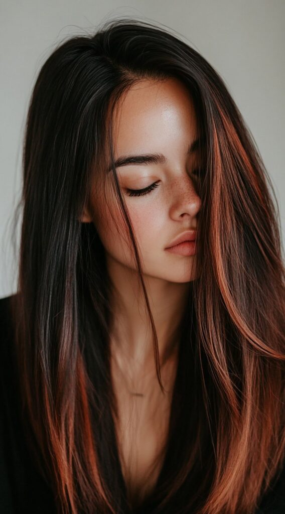 27 Inspiring Black Hair with Brown Highlights Ideas 26 sleek straight hair with reddish brown highlights