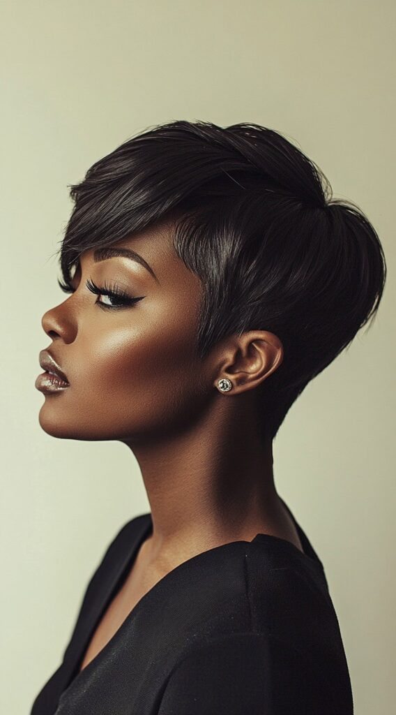 27 Trendy Pixie Hairstyles for Black Women 1 sleek tapered pixie with long side bangs