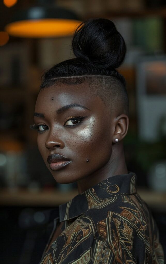 Shaved Sides with Ponytail for Black Women: 27 Stylish and Bold Ideas for Your Next Look 6 sleek top knot with shaved sides