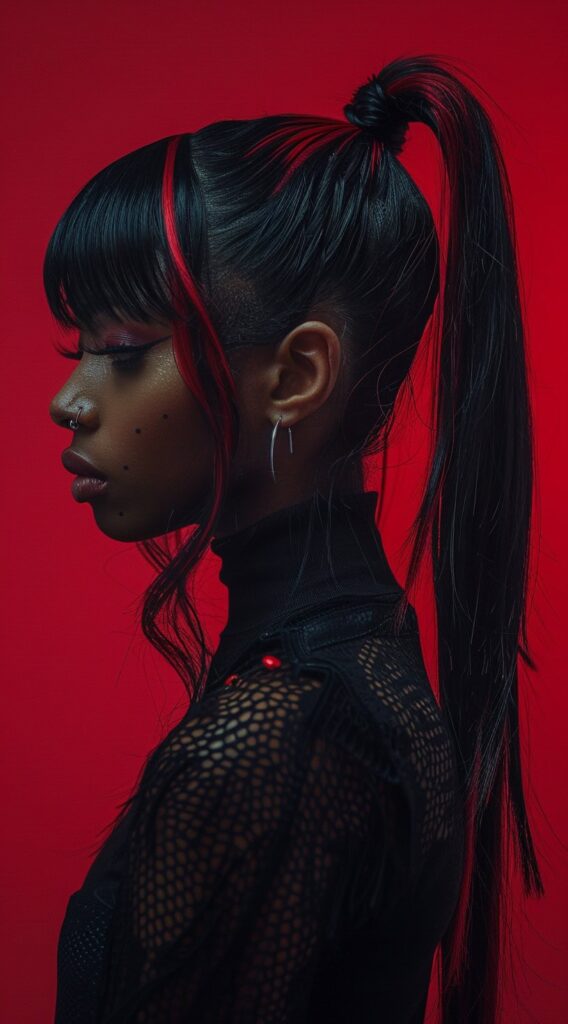 27 Weave Ponytail Hairstyles with Bangs: Chic and Modern Looks for Every Occasion 20 sleek wispy bangs with high ponytail and red accents