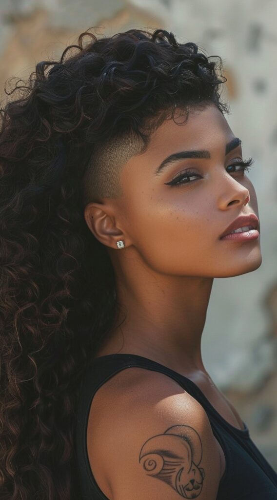 Undercut with Long Hair for Women: 23 Edgy and Elegant Hairstyle Ideas 13 slicked back curly long hair with undercut