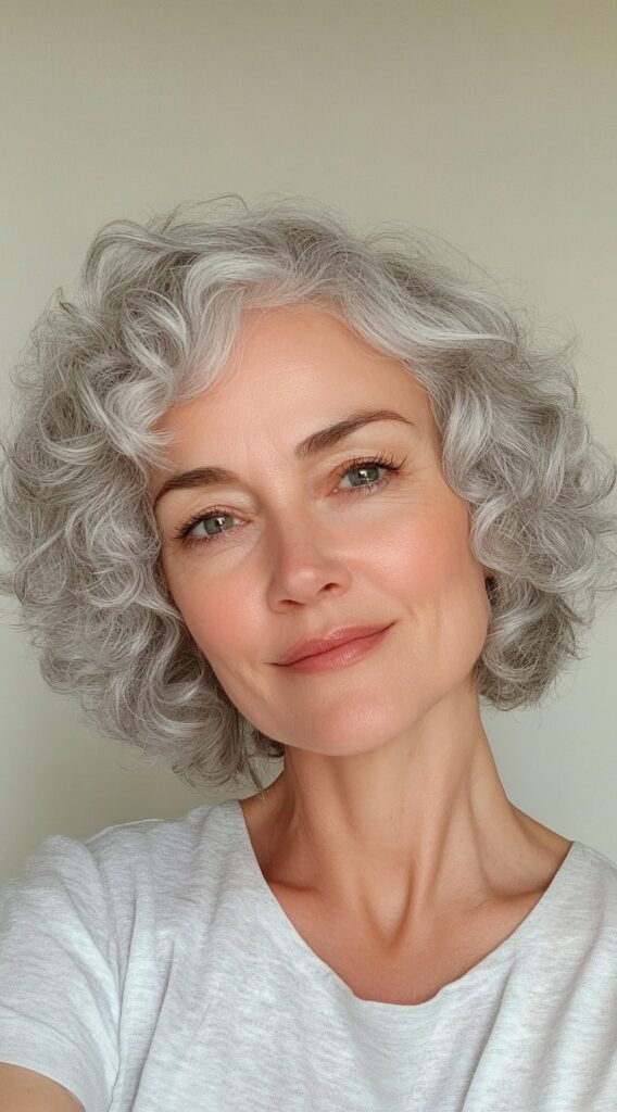 24 Chic Short Hairstyles for Women Over 50 with Gray Hair 16 soft curly bob