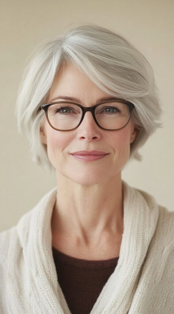 24 Chic Short Hairstyles for Women Over 50 with Gray Hair 21 soft layered bob with glasses