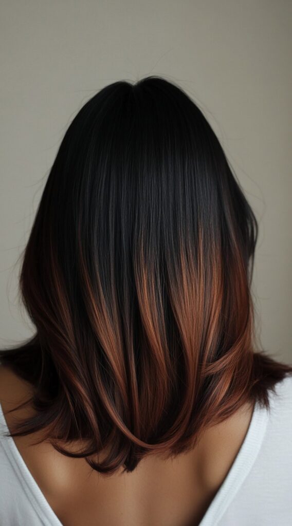 27 Inspiring Black Hair with Brown Highlights Ideas 21 soft mid length layers with warm brown ombre