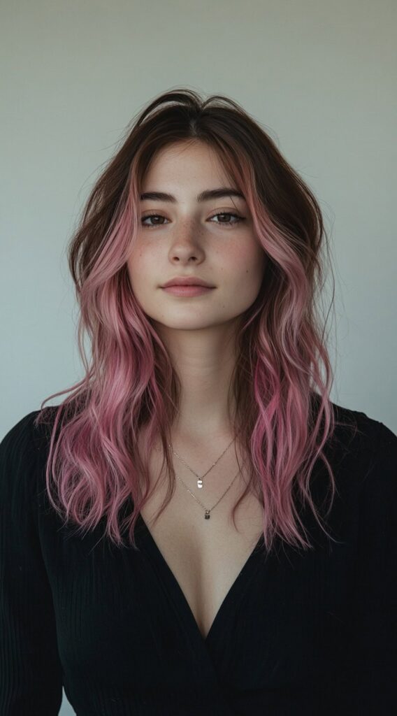 21 Pretty Pink Highlights in Brown Hair 19 soft pink highlights on loose waves