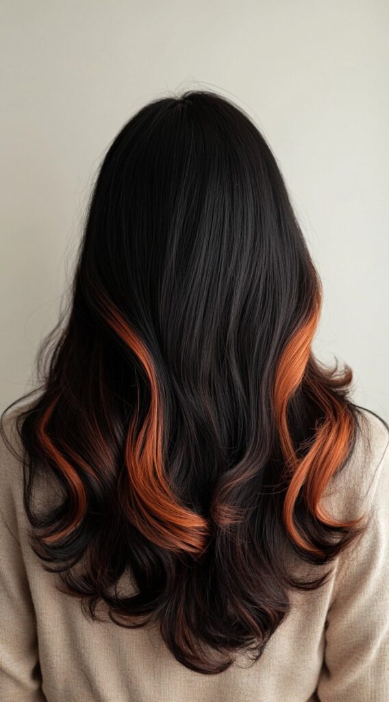 27 Inspiring Black Hair with Brown Highlights Ideas 10 soft waves with copper brown balayage