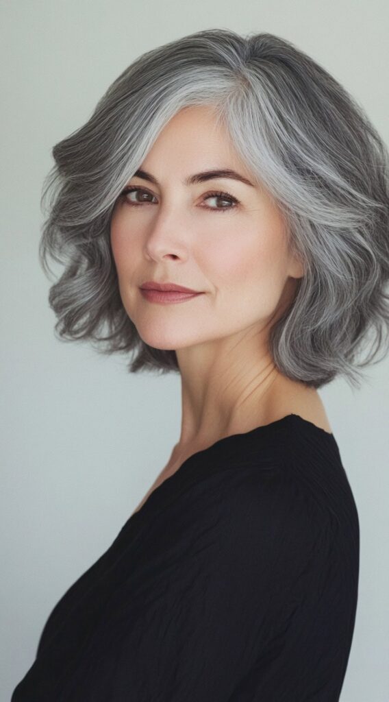 24 Chic Short Hairstyles for Women Over 50 with Gray Hair 10 soft waves with mid length bob